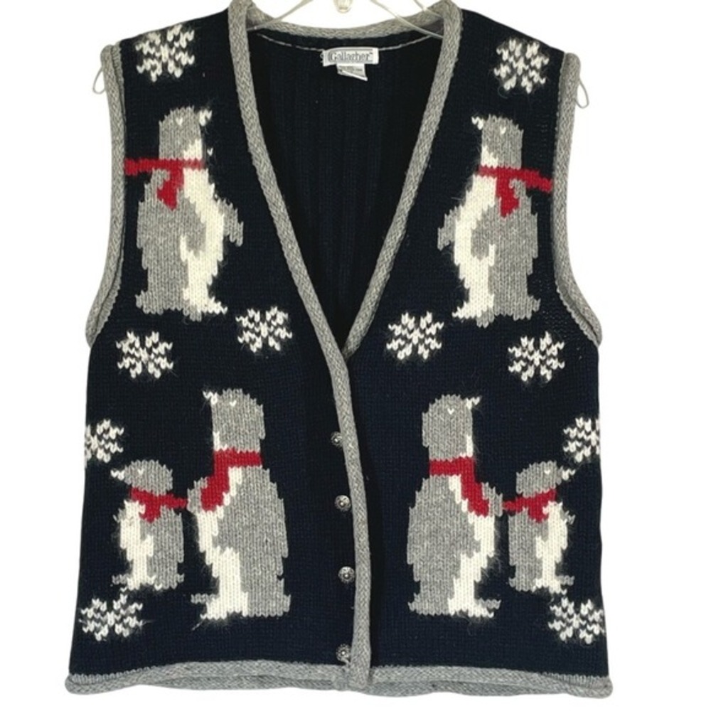 Gallagher Vintage Wool Blend Penquin V Neck Button Up Novelty‎ Sweater Vest  L